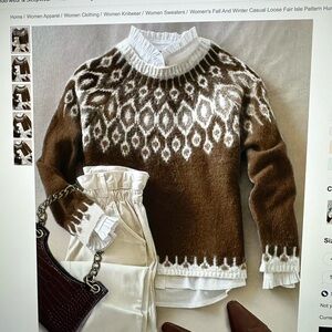 NWT-Women’s Brown and White Fair Isle pattern Sweater